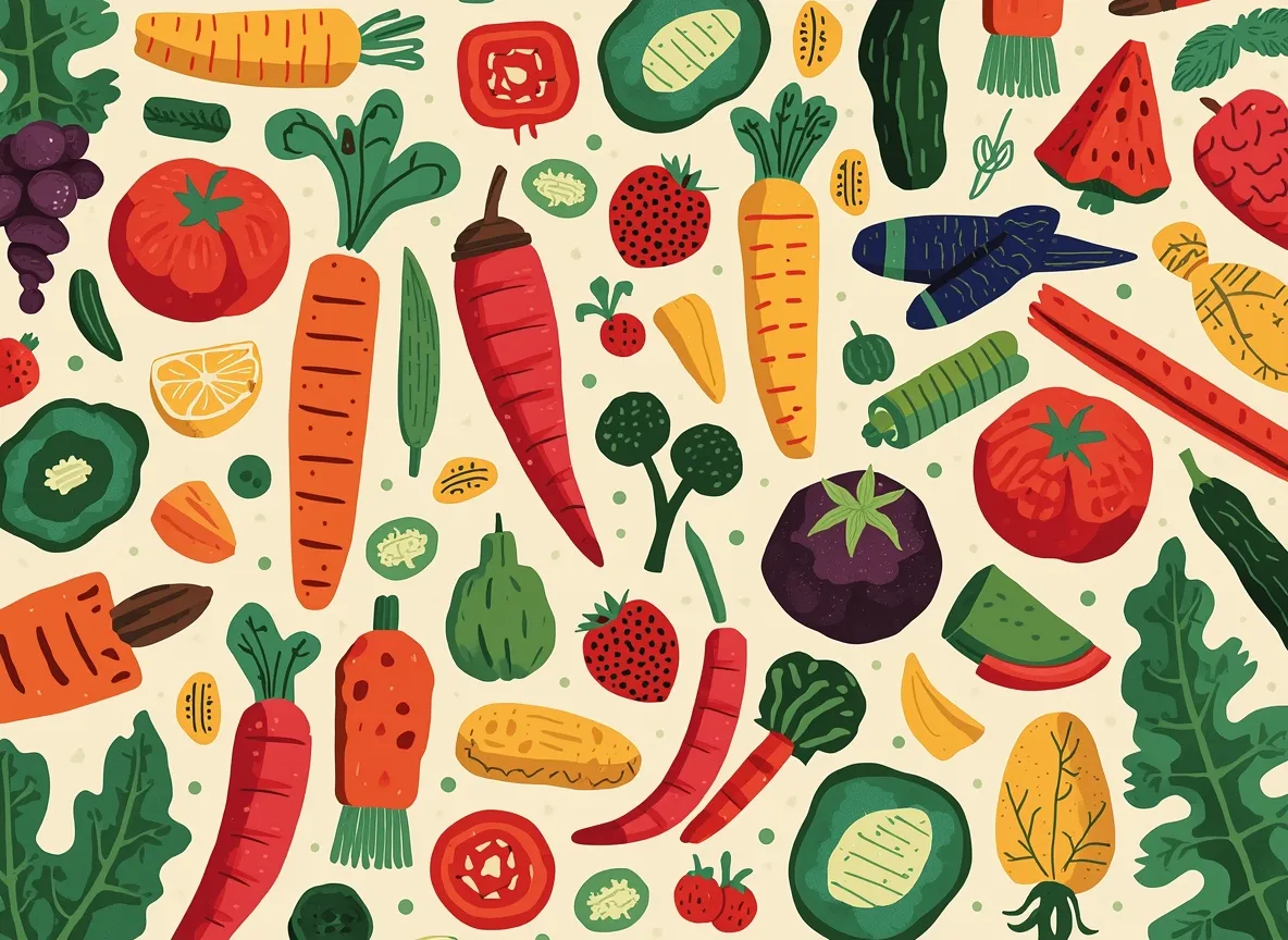 Färgglad illustration som visar mångfalden av livsmedel i vardagen