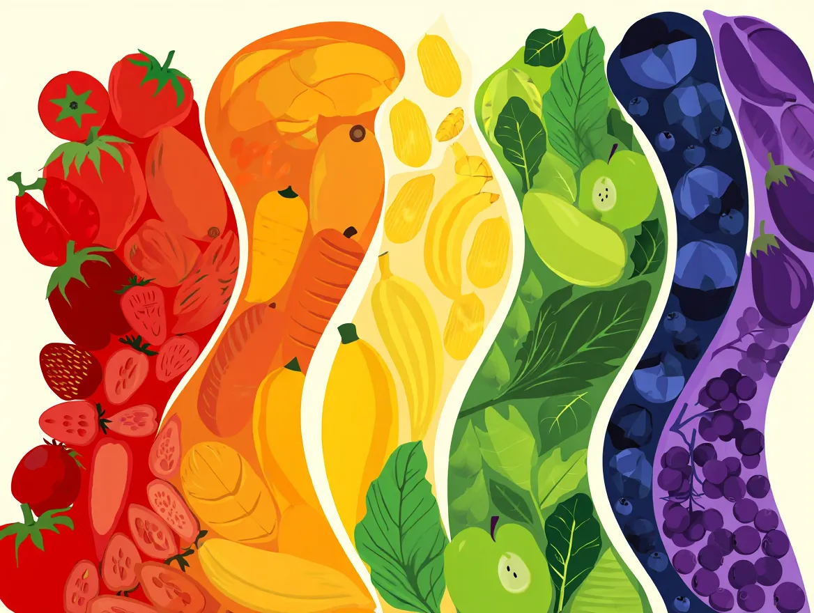Illustration av matens färgspektrum med olika näringsrika livsmedelsgrupper